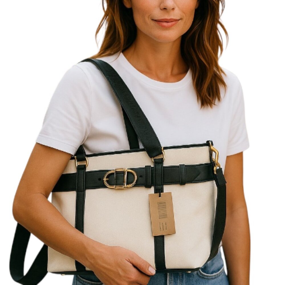Steve Madden Broy Buckles Removable Adjustable Strap Logo Buckle Canvas Tote NWT